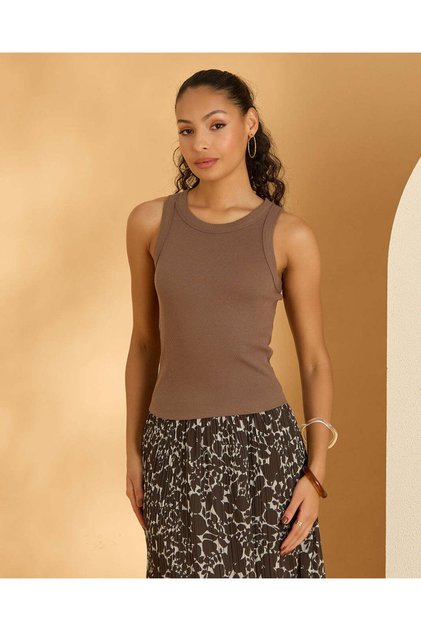 Women Brown Ribbed Sleeveless Vest