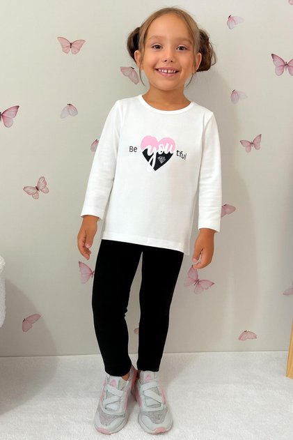 Girl's Tights Set with Text Print, Ages 4-8, Ecru
