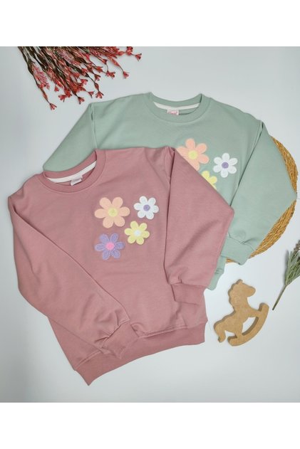 Girl's Green Floral Embroidered Sweatshirt