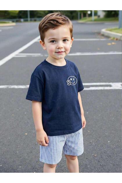 Boy's Navy Blue Printed T-Shirt - Blue and White Striped Woven Shorts Set