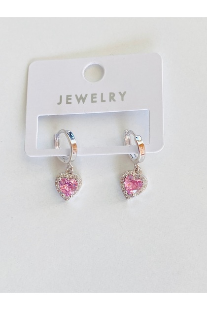 KÜPE KRİSTAL PEMBE TAŞLI KALPLİ GÜMÜŞ RENGİ KÜPE