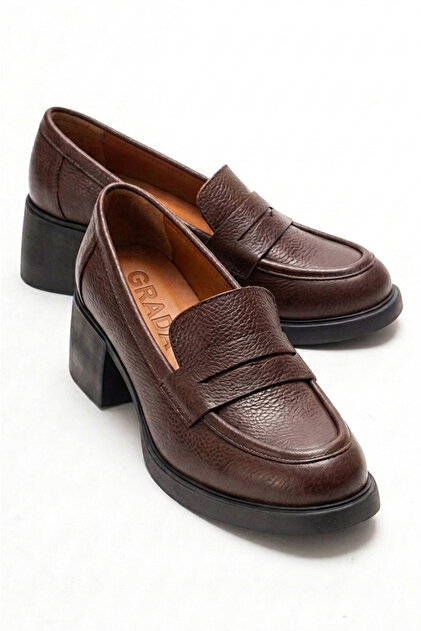 Brown Printed Floter Genuine Leather Women's Heeled Loafer Shoes Real Leather Heeled Shoes