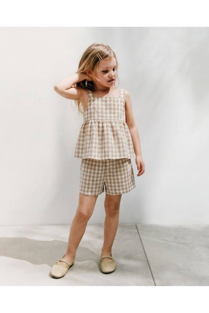 Girl's 100% Cotton Gingham Peplum Strap Top and Shorts Set - Beige Gingham Summer Set