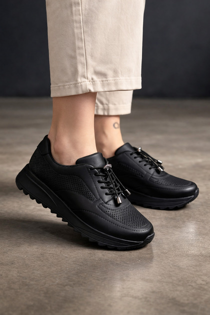 Women's Black Lace-Up Thick Flat Sole Comfortable Daily Sports Shoes