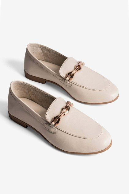 Women's Genuine Leather Ballerinas with Metal Accessory Detail Loafer Felina Beige