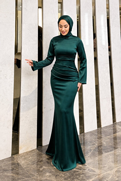 green emerald velvet dress 25207-Pleated Puffy Hijab Evening Dress with Stone Embroidered Collar main image 1