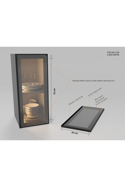Alüminyum Çerçeveli Cam Dolap Kapağı – 72cm X 35cm - Modern Mutfak & Vitrin Kapak Paneli