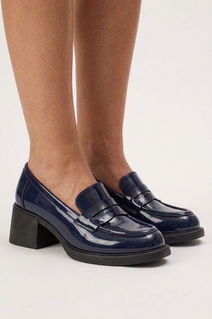 Navy Blue Patent Leather Genuine Leather Women's Heeled Loafer Shoes Real Patent Leather Heeled Moccasin Shoes