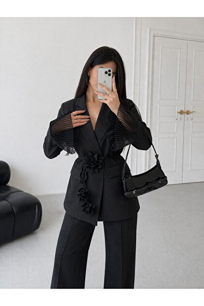 Ekim Store Çiçek Bağcıklı Kolları Tül Blazer Takım - Fiyatı, Yorumları