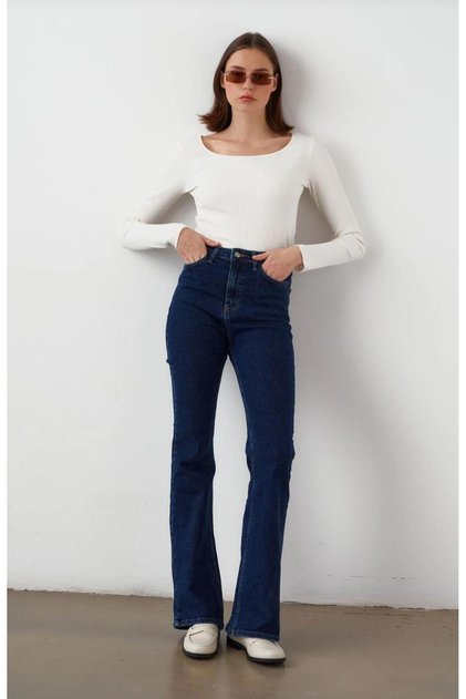 Women's Flare Flexible Navy Blue Spanish-Style High Waist Tightening Pants Denim Jeans