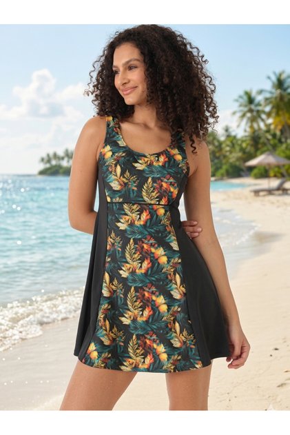 Women's Green Leaf Pattern Quick Dry Dress Swimsuit Beach Wear Pool Sea Skirted Dress Swimsuit