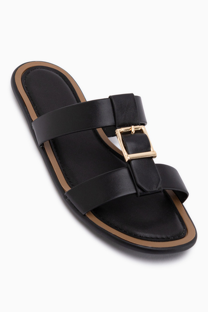 Lien Black Double-Strapped Buckle Detailed Women's Slippers