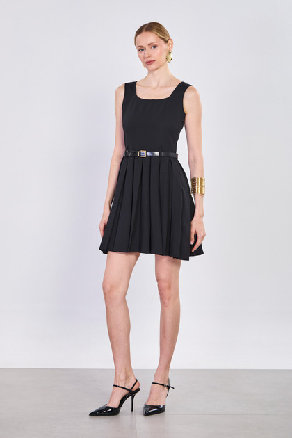 BARRELS AND OIL Women's Thick Strap Belted Pleated Short Dress - Black- Trendyol BARRELS AND OIL Women's Thick Strap Belted Pleated Short Dress - Black- Trendyol