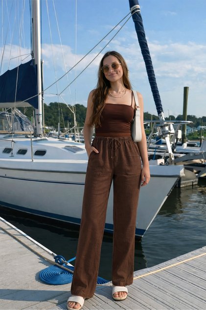 Women's Brown Linen Relaxed Cut Lightweight Fabric Daily Use Trousers