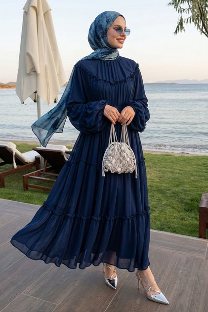 Drawstring Casual Navy Blue Chiffon Dress