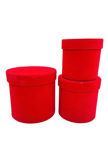 Set 3 Cutii Cilindrice Catifea Lux Rosu Aprins