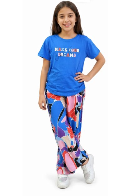 Girl's Side Gathered Make Text Patterned T-Shirt and Colorful Pants Two-Piece Set