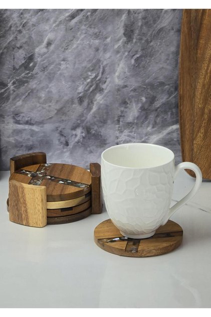 Akasya 4-Piece Coasters - Tea Plate Set with Stand - 5 Pieces, 11 cm
