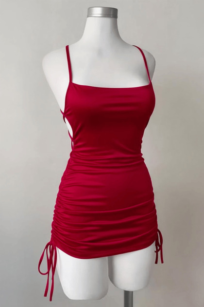 Red Dress with Gathered Back Drawstring & Low-Cut Straps