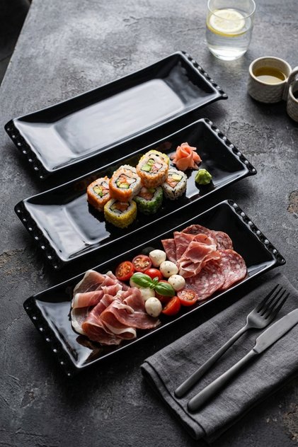 Black Selen Breakfast Kayık Presentation Plate 33 cm 3 Pieces
