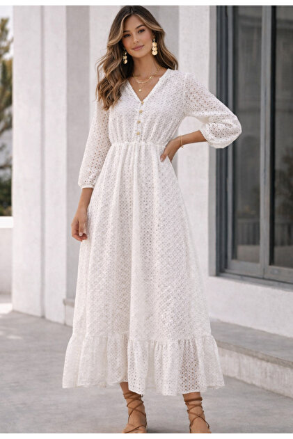Nobrand White embroidered cotton midi dress with skirt and elastic waist- Trendyol Nobrand White embroidered cotton midi dress with skirt and elastic waist- Trendyol