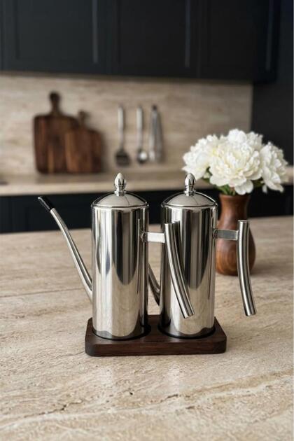 2'Li Çelik 3 Parça 700ml Standlı Çok Amaçlı Demlik Yağlık Yağdanlık Seti