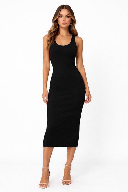 Lera Kadın Kaşkorse Elbise İnce Fitilli U Yaka Kolsuz Midi Bodycon Elbise -110 cm -