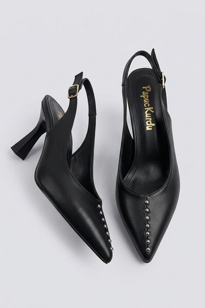 Black Satin Textured Mid-Heeled Pointed Toe Women's Thin Heeled Shoes
