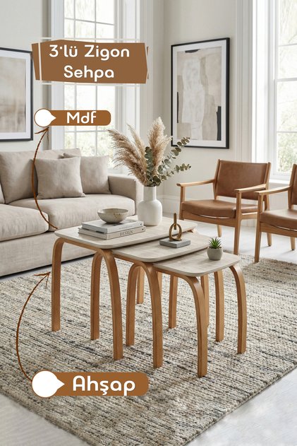 3 lü Zigon Sehpa Sehpa Takımı Salon Sehpası Mdf Bohem Traverten Servis Sehpası Flex Modern