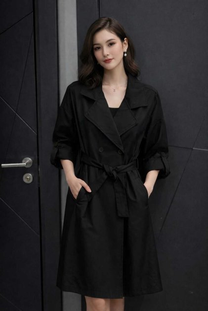 Women's Sleeve Fold Detailed Buttoned Tie-Up Trench Coat