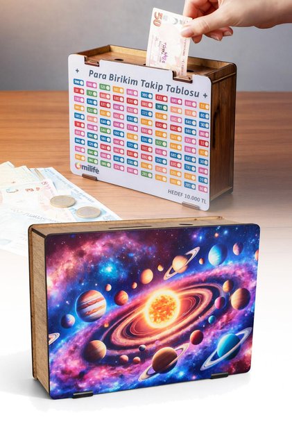 Colorful Planets Pattern Printed Wooden Target Piggy Bank 10,000 Tl Savings Box Gift 19.5 cm