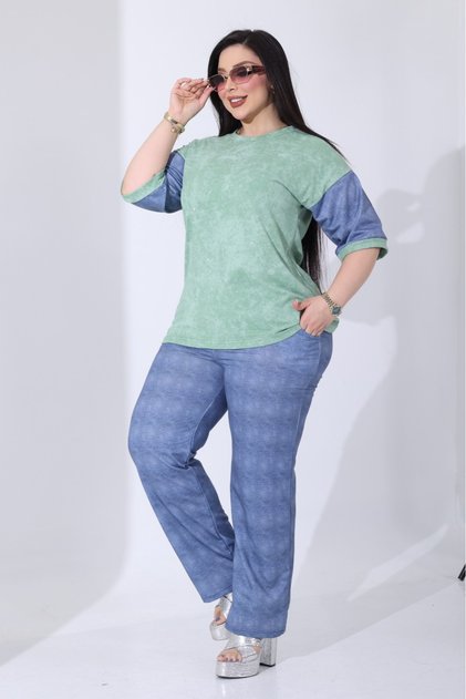 Plus Size Stone Printed Batik Pattern Cotton Fabric Tunic and Denim Printed Stretchy Trousers Premium Set