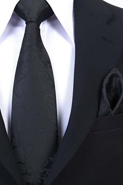 Hand Made 8 cm Wavy Pattern Black Color Handkerchief Tie