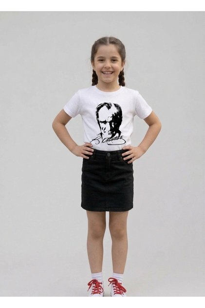 Girl's Ataturk Printed T-Shirt and Linen Skirt Set 23 April-Special Holidays