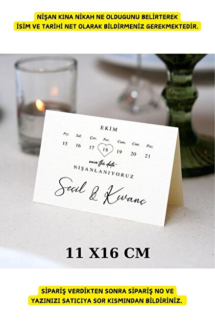 Takvimli Masa Kartı - Nişan Konsept - Nikah Konsept - 10 Adet 11x16cm