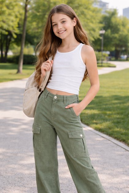 38504-26 Lanene pantalone za devojčice sa detaljima u obliku kargo džepova, elastični struk, udoban kroj, ležerne pantalone