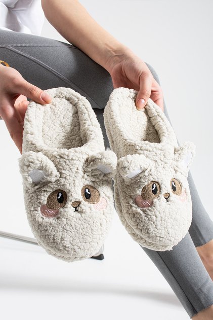 Gray Embroidered, Figured, Fluffy, Women's House Slippers (Washable, Noiseless, Dowry-Style)