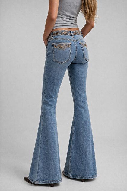 goa系 2000's linen flarepants archive y2k Messy Girls Vintage Kadın Y2K Özel Tasarım Flare Jeans - Fiyatı
