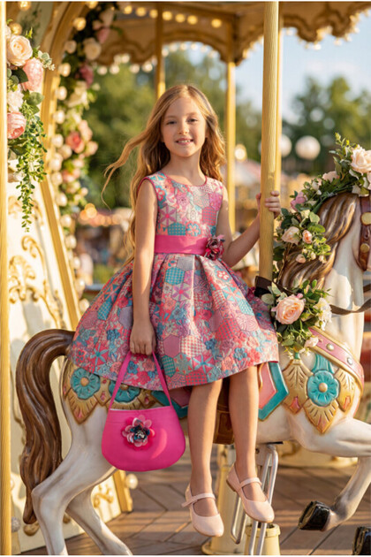 Jacquard Patterned Flower Detailed Bag Evening Dress Girl's Wedding Dress 3-4-5-6-7 Years Old 35329Pr