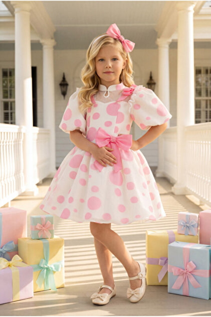 Pamina Polka Dot Bow and Hair Accessory Evening Gown Girl's Birthday Dress 3-4-5-6-7 Years Old 35365Pr