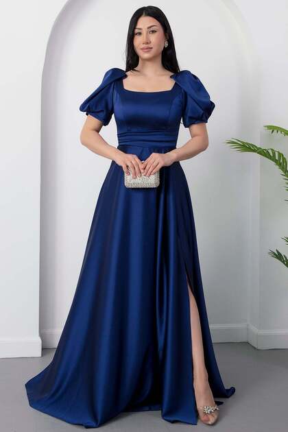 Square Neck Flounce Sleeve Long Satin Dress Drp570