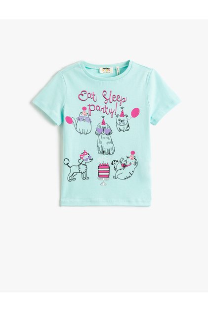 Cat Printed Short Sleeve T-Shirt Crew Neck