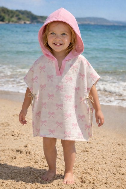 100% Cotton Organic Mulein Fabric Double Colored Bow Marine Pool Poncho