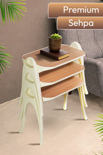 Premium 3’lü Plastik Zigon Sehpa Ahşap Desenli – Modern Salon Yan Sehpa Seti