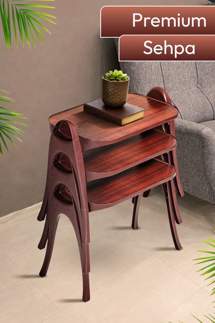 Premium 3’lü Plastik Zigon Sehpa Ahşap Desenli – Modern Salon Yan Sehpa Seti