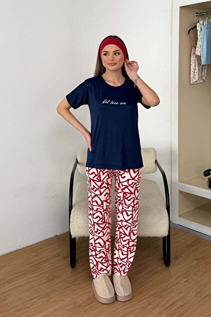 Women's Crew Neck Patterned Short Sleeve Pajama Set Navy Blue - 26Y 2601