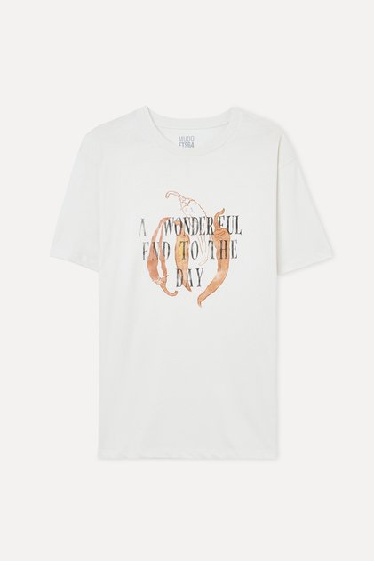 Men's Off-White Printed Loose Fit Crew Neck T-Shirt