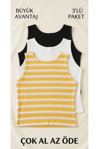Zero Neckline 3-Piece White Black Yellow Striped Crop Bustier Camisole Women's Gathering Lycra Daily Fit