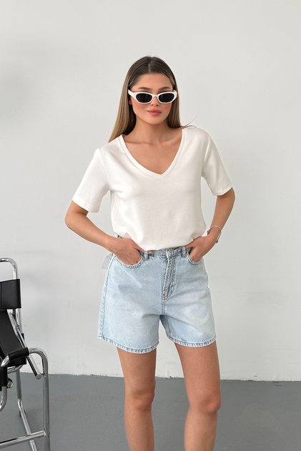 Women's V-Neck Modal Fabric Basic T-Shirt White - Ms0001587