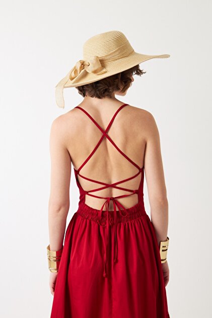 GIA - ART Women's Backless Strappy Long Dress Red Poplin, Tie Detail, Cotton Satin- Trendyol GIA - ART Women's Backless Strappy Long Dress Red Poplin, Tie Detail, Cotton Satin- Trendyol